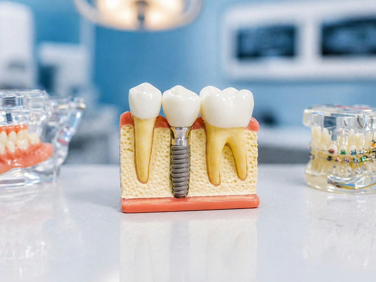 Ein Lehrmodell mit Zähnen, Wurzeln und einer Implantatschraube
